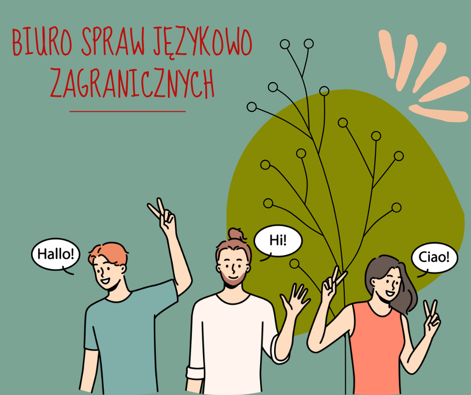 Biuro spraw językowo zagranicznych - ilustracja trojga osób witających się słowami Hallo!, Hi! i Ciao!